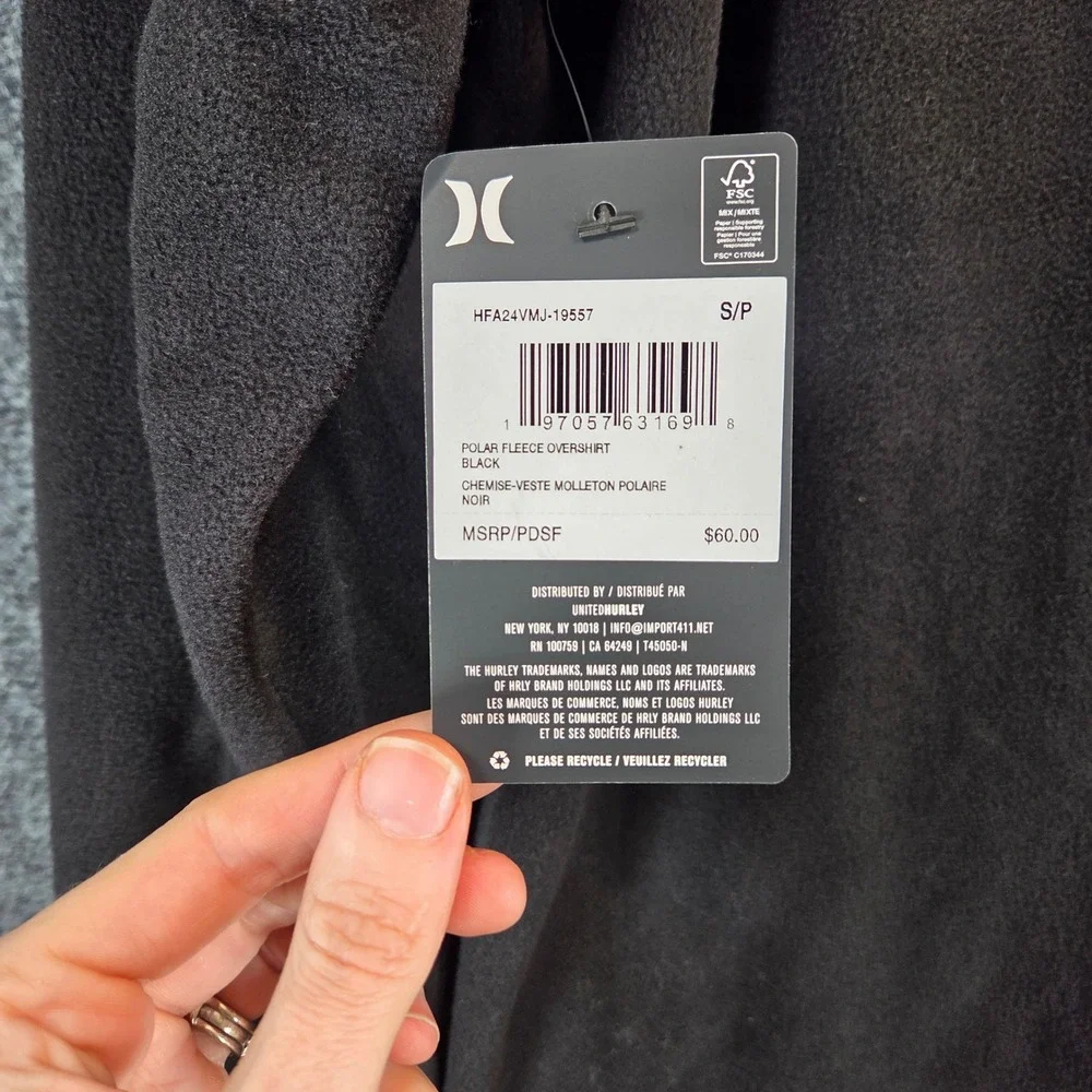 Hurley Polar Fleece‎ Overshirt Men's Small Black Button Up Long Sleeve - New